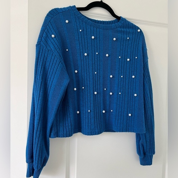 Shein Solid Ribbed Beaded‎ T-shirt, Elegant Long Sleeve Blue Sweater - Picture 3 of 4